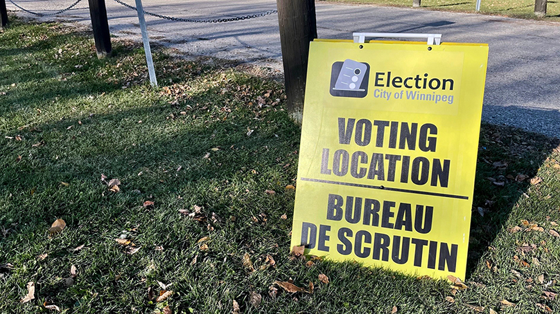 yellow sign of "voting location" on grass