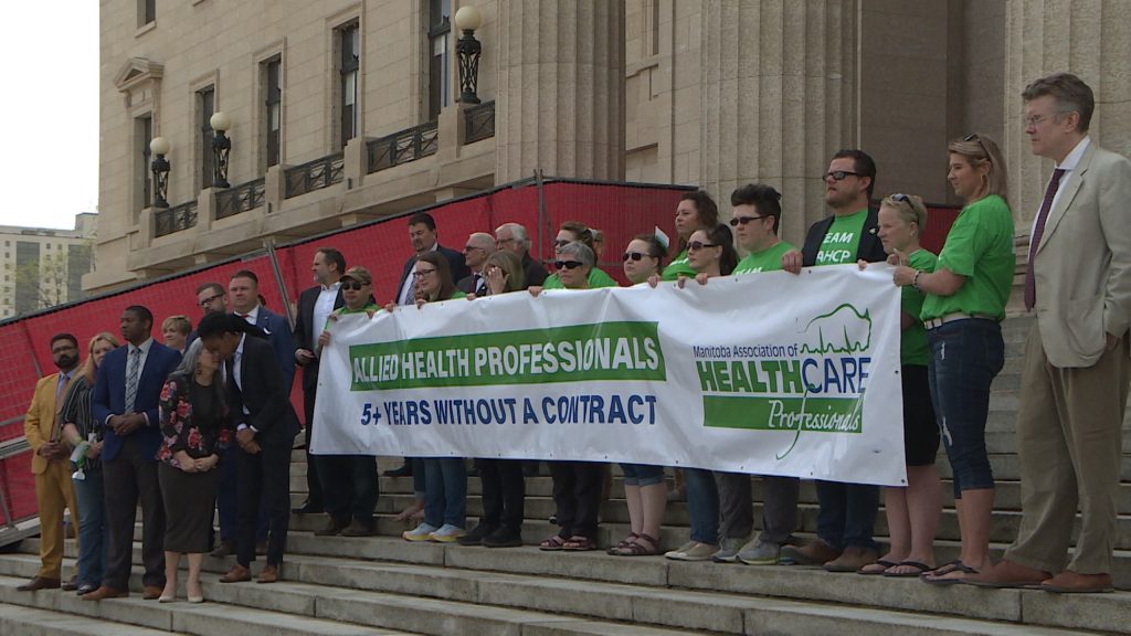 Health care workers rally, demanding province takes action on lapsed contracts