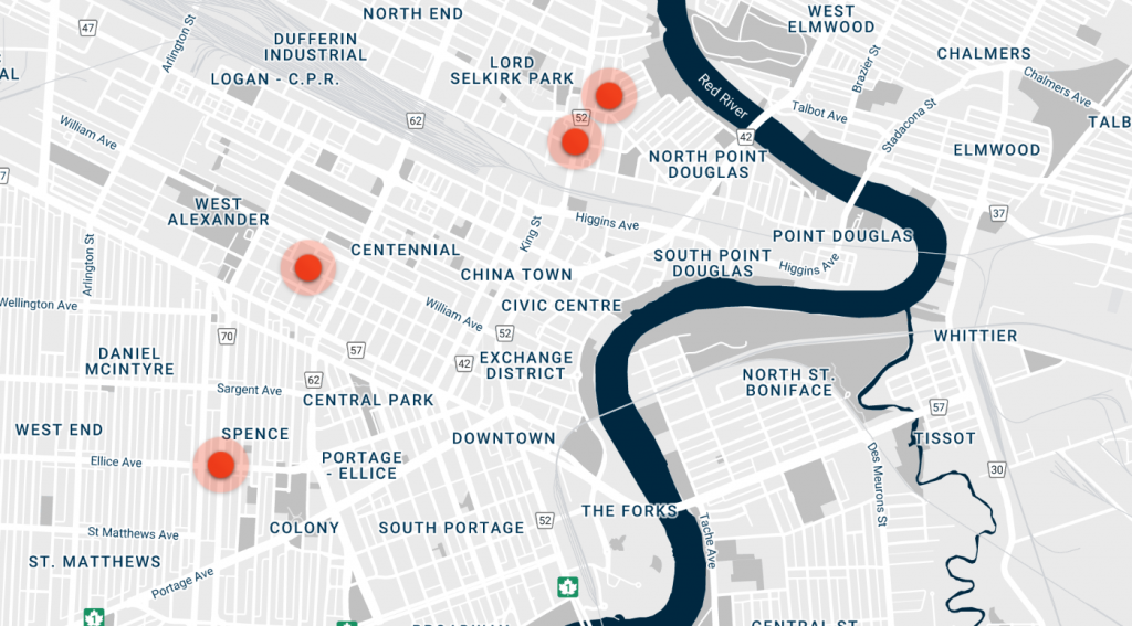 maps of Winnipeg with red dots